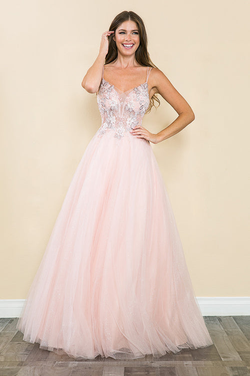 Vestido de fiesta de tul brillante, corte A, con apliques de encaje floral en el cuerpo y tirantes finos dobles, de Lenovia 8182