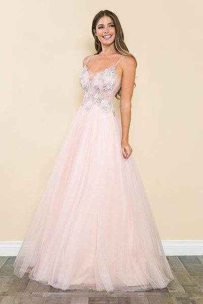 Glitter Tulle A-Line Gown with Floral Lace Appliqué Bodice and Double Spaghetti Straps Prom Dress By Lenovia 8182