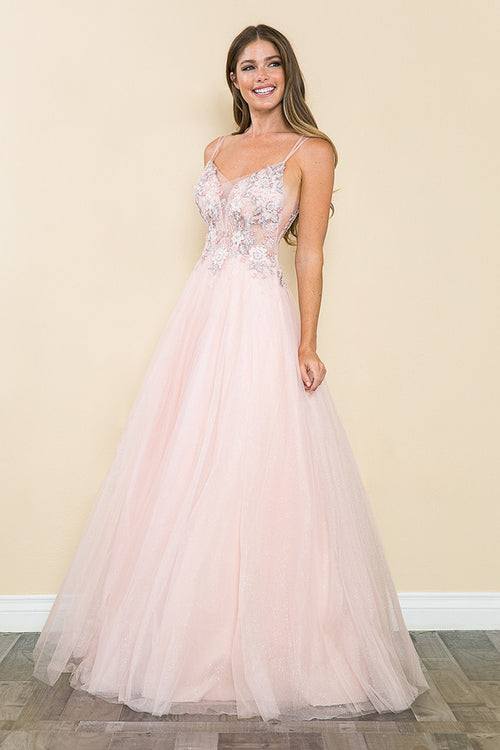 Vestido de fiesta de tul brillante, corte A, con apliques de encaje floral en el cuerpo y tirantes finos dobles, de Lenovia 8182