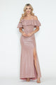 Ruffle Off-Shoulder Metallic Gown with Spaghetti Straps and Side Slit Formal Evening Dress By Lenovia 5316