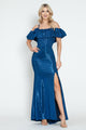 Ruffle Off-Shoulder Metallic Gown with Spaghetti Straps and Side Slit Formal Evening Dress By Lenovia 5316