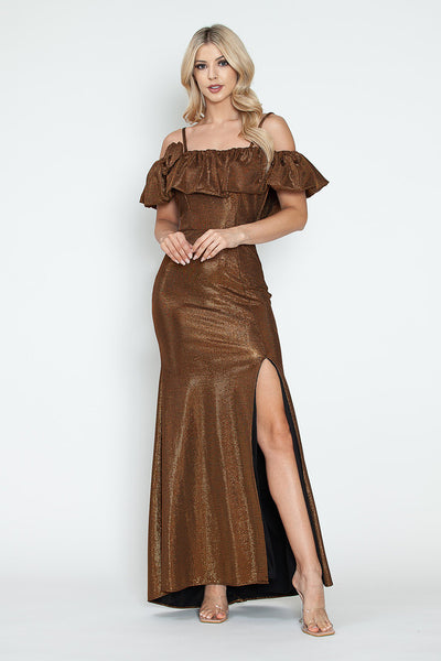 Ruffle Off-Shoulder Metallic Gown with Spaghetti Straps and Side Slit Formal Evening Dress By Lenovia 5316