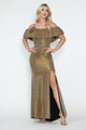 Ruffle Off-Shoulder Metallic Gown with Spaghetti Straps and Side Slit Formal Evening Dress By Lenovia 5316
