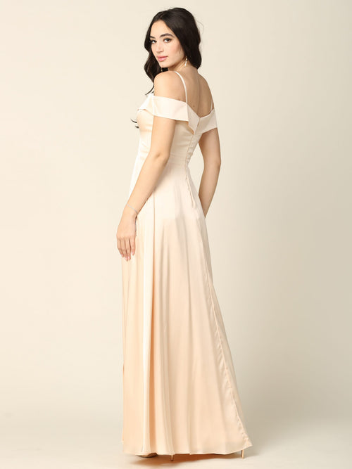 Off Shoulder Satin Evening Gown with Slit A-Line Formal Dress by Eva USA 3355