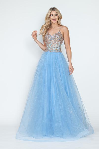 Sequin V-Neck A-Line Tulle Evening Gown with Lace Bodice Sleeveless Formal Prom Dress By Lenovia 8236