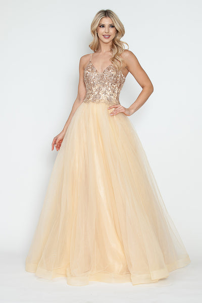 Sequin V-Neck A-Line Tulle Evening Gown with Lace Bodice Sleeveless Formal Prom Dress By Lenovia 8236