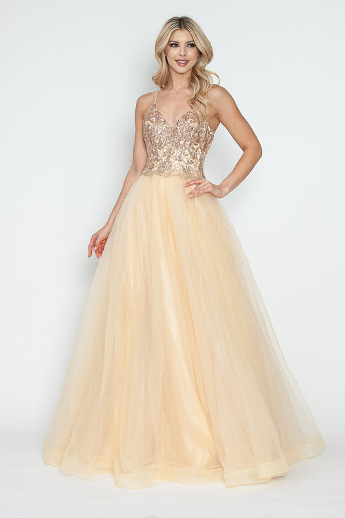 Sequin V-Neck A-Line Tulle Evening Gown with Lace Bodice Sleeveless Formal Prom Dress By Lenovia 8236