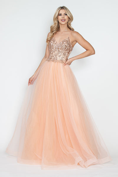 Sequin V-Neck A-Line Tulle Evening Gown with Lace Bodice Sleeveless Formal Prom Dress By Lenovia 8236