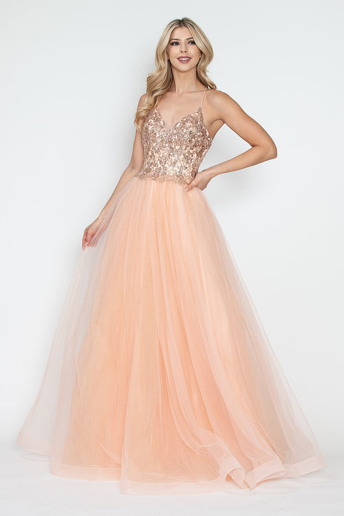Sequin V-Neck A-Line Tulle Evening Gown with Lace Bodice Sleeveless Formal Prom Dress By Lenovia 8236