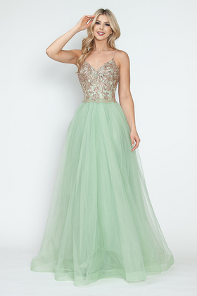 Sequin V-Neck A-Line Tulle Evening Gown with Lace Bodice Sleeveless Formal Prom Dress By Lenovia 8236