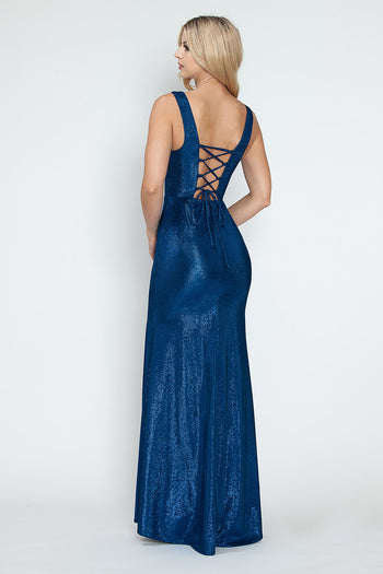 Shimmer Cutout Bodice Sleeveless Formal Corset Dress with Lace-Up Back and High Slit By Lenovia 5315
