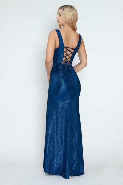 Shimmer Cutout Bodice Sleeveless Formal Corset Dress with Lace-Up Back and High Slit By Lenovia 5315