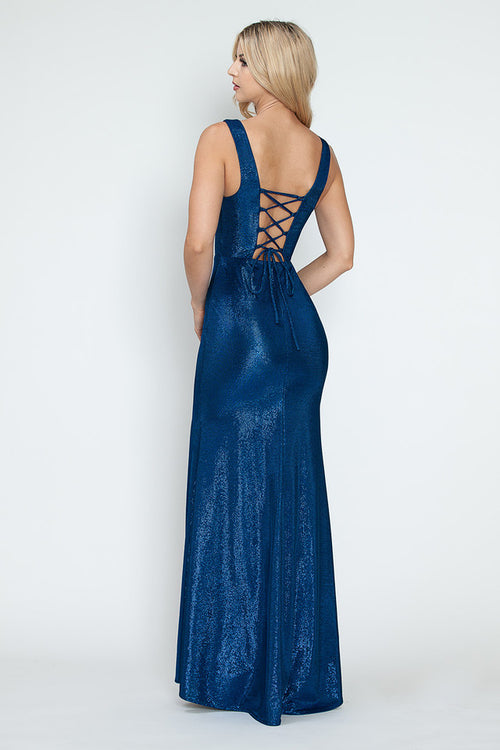 Shimmer Cutout Bodice Sleeveless Formal Corset Dress with Lace-Up Back and High Slit By Lenovia 5315