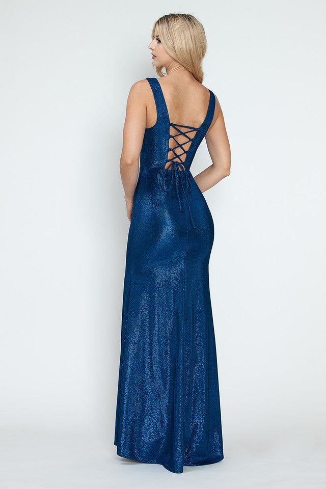 Shimmer Cutout Bodice Sleeveless Formal Corset Dress with Lace-Up Back and High Slit By Lenovia 5315