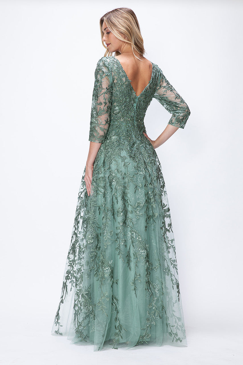 Vestido de madrina bordado de corte A con mangas 3/4 transparentes de Lenovia 8356