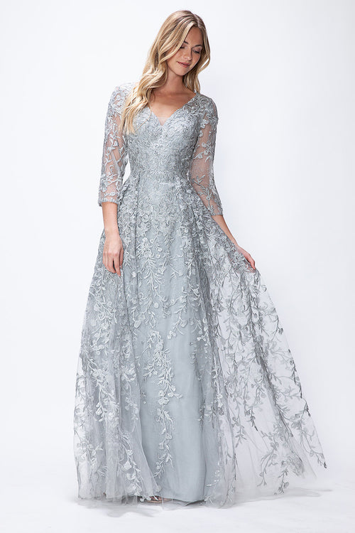 Embroidered A-Line Mother of the Bride Gown with Sheer 3/4 Sleeves By Lenovia 8356