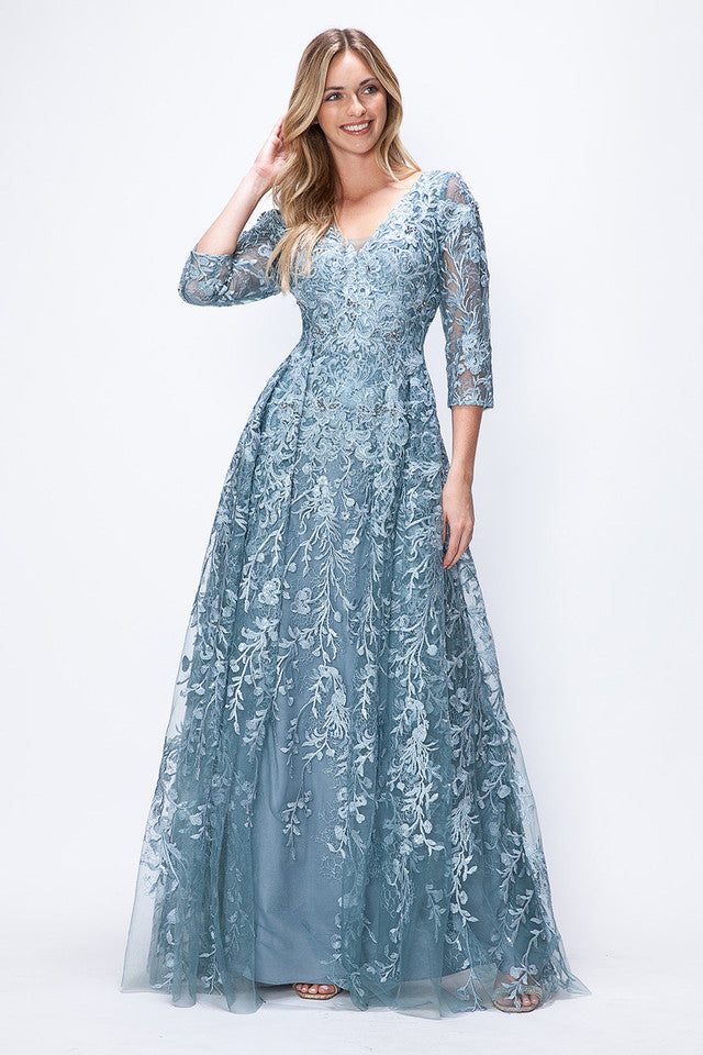 Vestido de madrina bordado de corte A con mangas 3/4 transparentes de Lenovia 8356