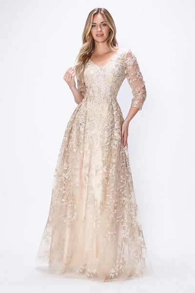 Embroidered A-Line Mother of the Bride Gown with Sheer 3/4 Sleeves By Lenovia 8356