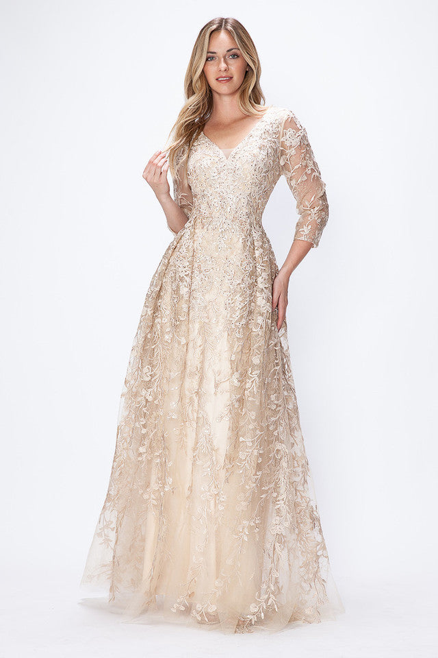 Vestido de madrina bordado de corte A con mangas 3/4 transparentes de Lenovia 8356