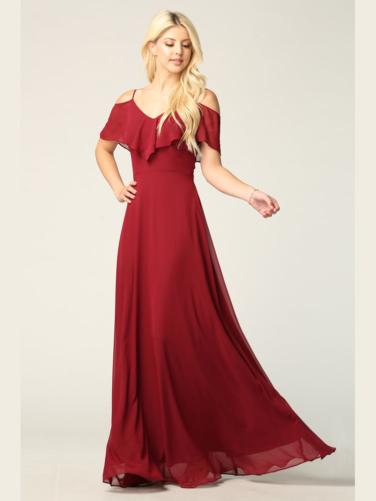 Cold Shoulder Chiffon Maxi Dress with Ruffle Overlay Formal Evening Gown By Eva USA 3263