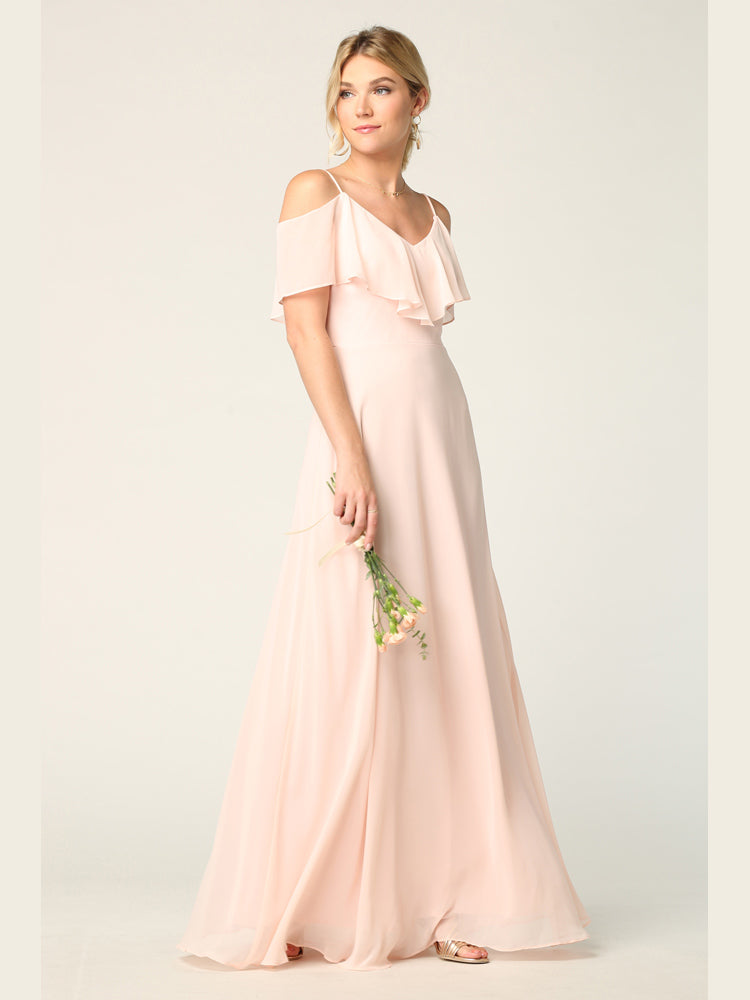 Cold Shoulder Chiffon Maxi Dress with Ruffle Overlay Formal Evening Gown By Eva USA 3263