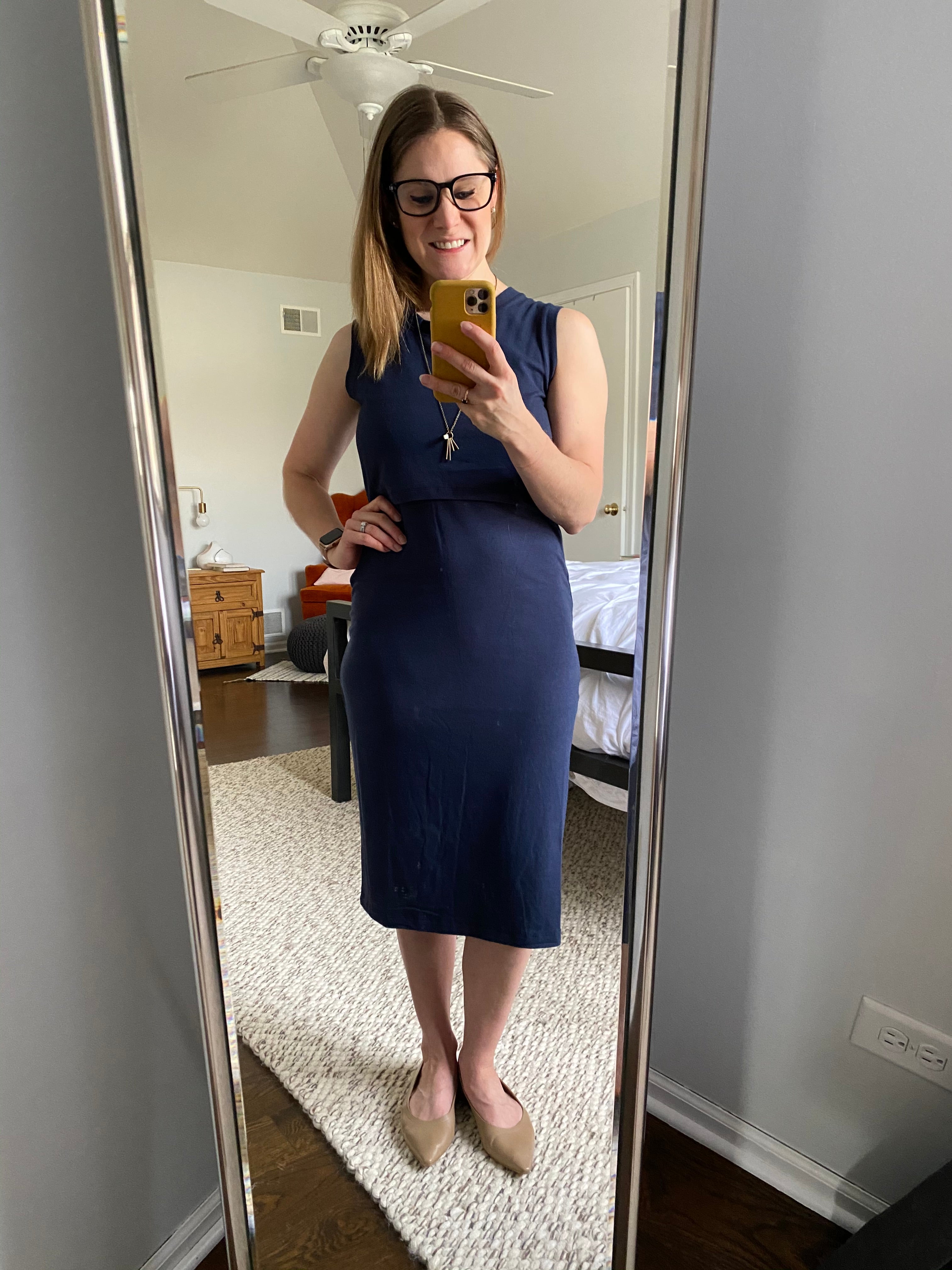 Sleeveless Navy Knee Length Maternity Little Breastfeeding Dress with Panel