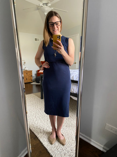 Sleeveless Navy Knee Length Maternity Little Breastfeeding Dress with Panel