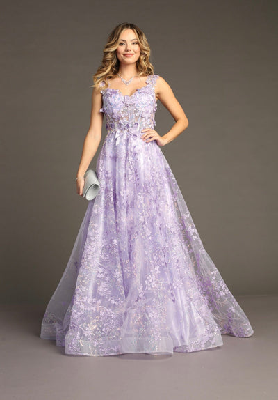 Chicas C818 Printed Blue A-Line Floral Floor-Length Corset Tulle Dress