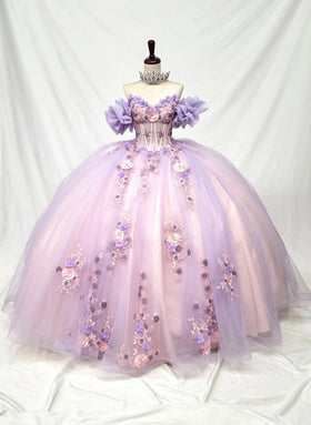 Chicas HF3127 Modern Printed Blush BallDress Floral Floor-Length Tulle Dress