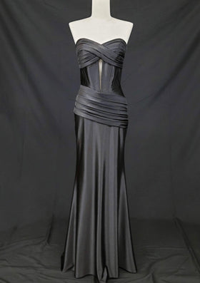 Chicas C373 Evening Black Strapless Floor-Length Pleated Satin Dress