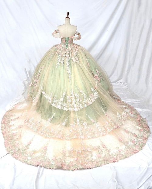 Chicas HF3126 Printed Glitter Formal Green BallDress Tulle Dress