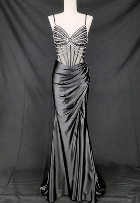 Chicas C374 Evening Black Spaghetti-Strap Floor-Length Corset Beaded Satin Dress