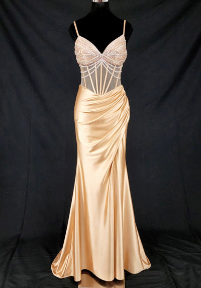 Chicas C374 Evening Black Spaghetti-Strap Floor-Length Corset Beaded Satin Dress