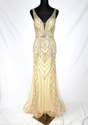 Chicas C830 Evening Silver Floor-Length Shimmer Strappy Mesh Dress