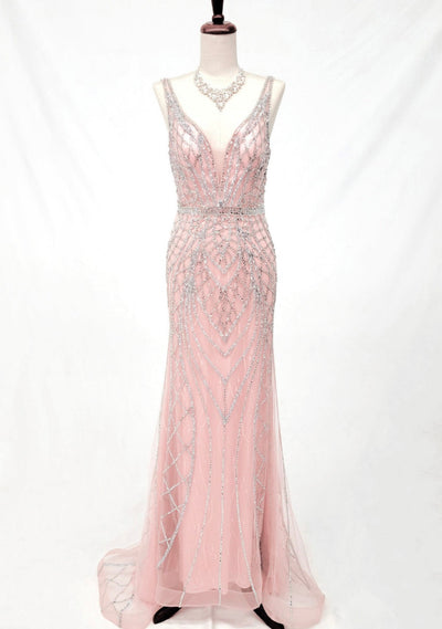 Chicas C830 Evening Silver Floor-Length Shimmer Strappy Mesh Dress