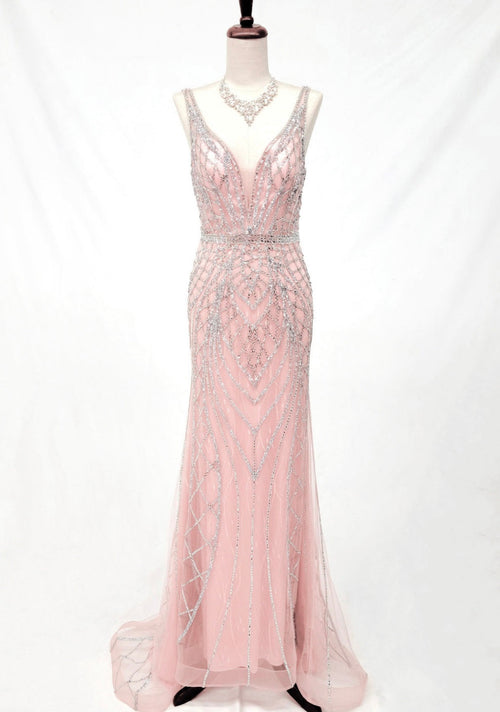 Chicas C830 Evening Silver Floor-Length Shimmer Strappy Mesh Dress