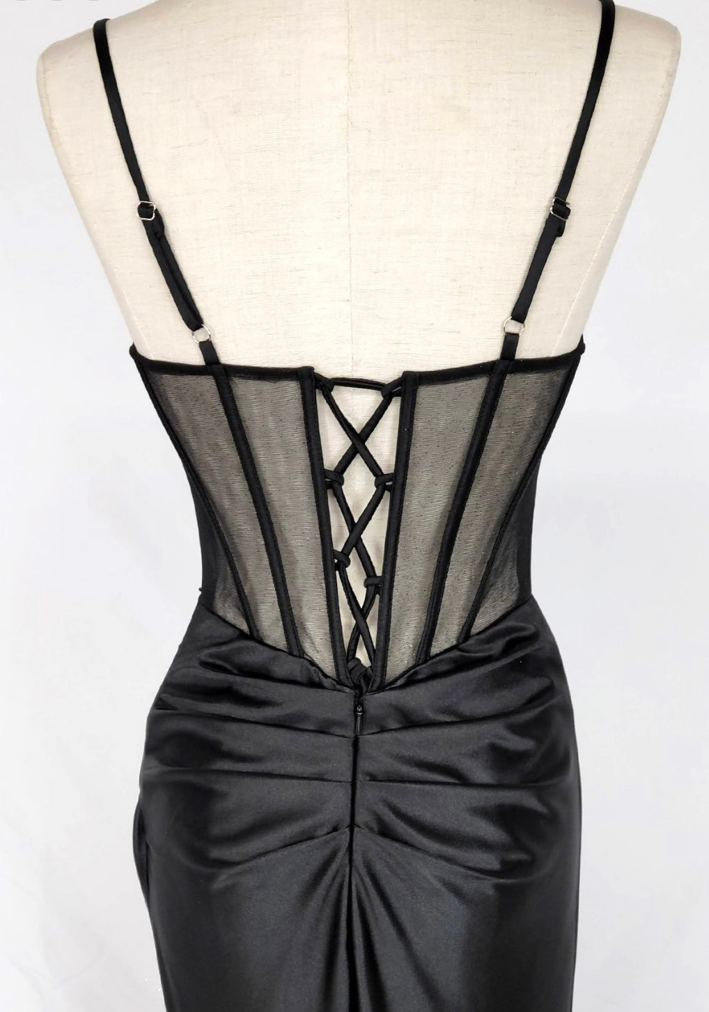 Chicas C361 Elegant Evening Black Spaghetti-Strap Floor-Length Corset Satin Dress