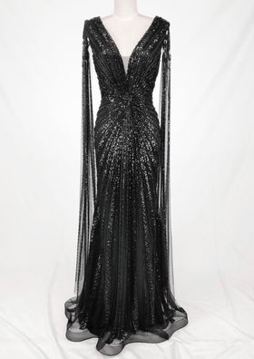 Chicas C840 Evening Black Floor-Length Sequin Shimmer Fabric Dress