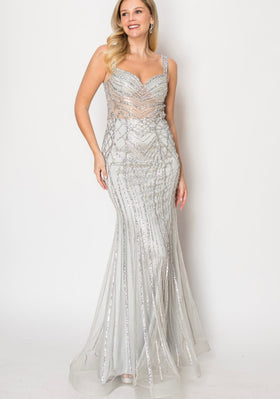 Chicas C835 Evening Silver Mermaid Sweetheart Floor-Length Tulle Dress