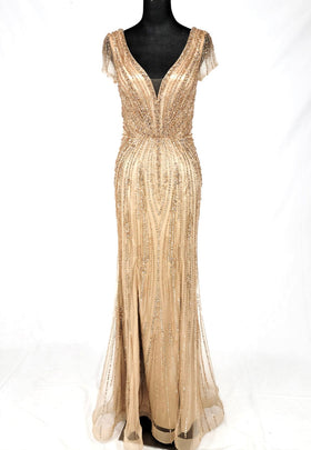 Chicas C832 Bridal Champagne Floor-Length Sequin Shimmer Lace Dress
