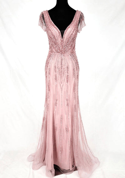 Chicas C832 Bridal Champagne Floor-Length Sequin Shimmer Lace Dress