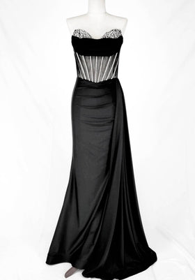 Chicas C367 Elegant Evening Black Strapless Floor-Length Corset Satin Dress