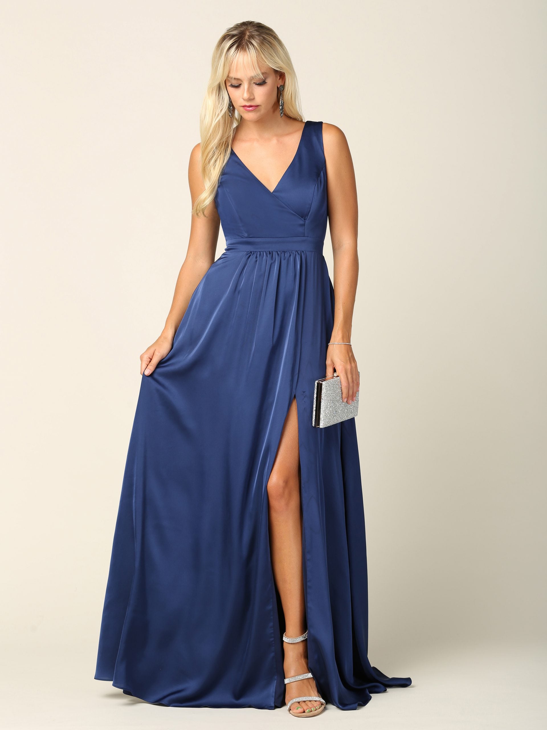 Eva USA 3423 Long Formal Sleeveless Satin Bridesmaids Dress