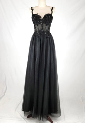 Chicas C365 Elegant Printed Evening Black A-Line Sweetheart Tulle Dress