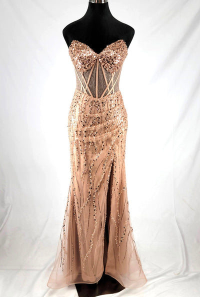 Chicas C366 Evening Black Strapless Floor-Length Corset High-Slit Fabric Dress