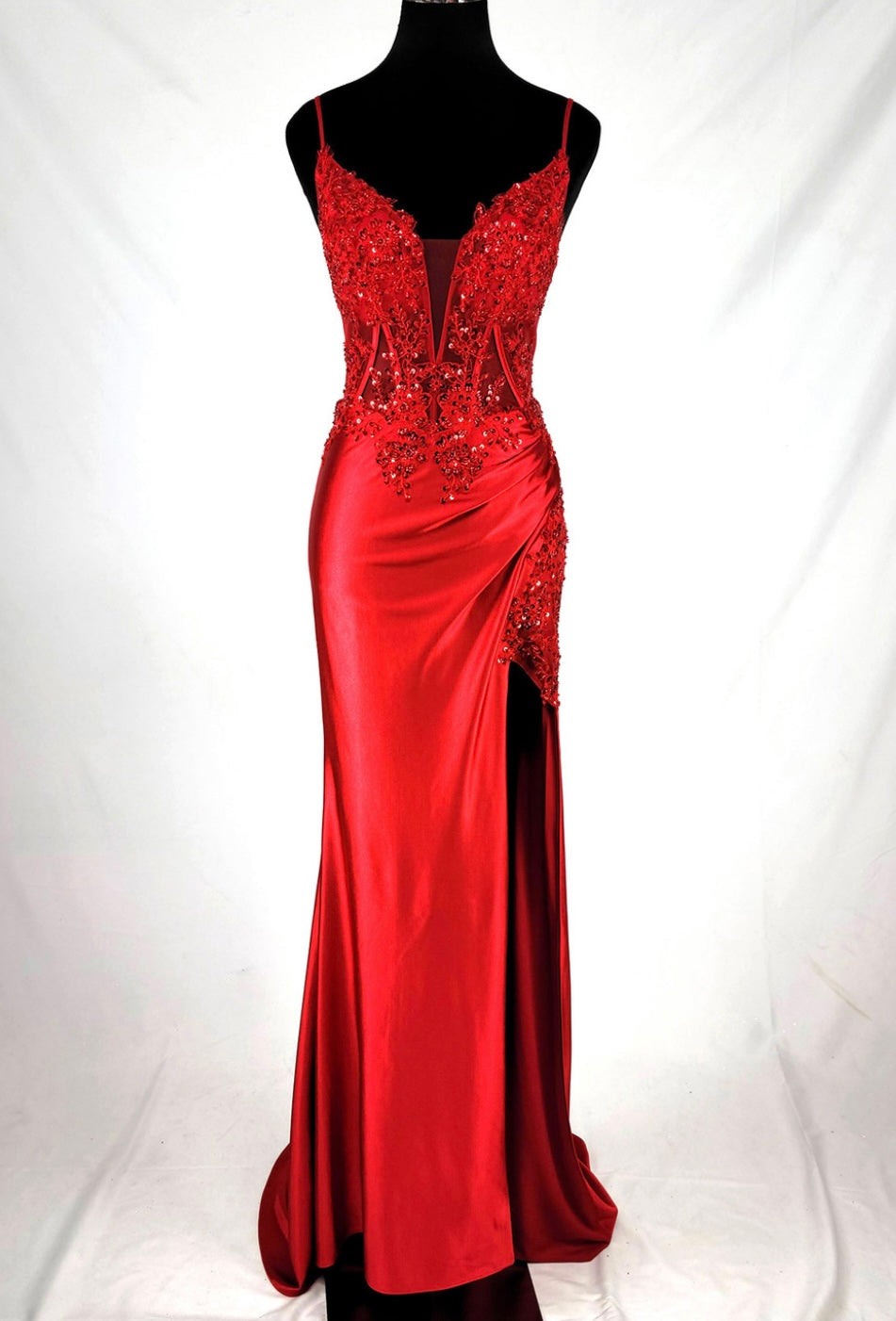 Chicas D501 Elegant Evening Black Illusion Floor-Length Corset Satin Dress
