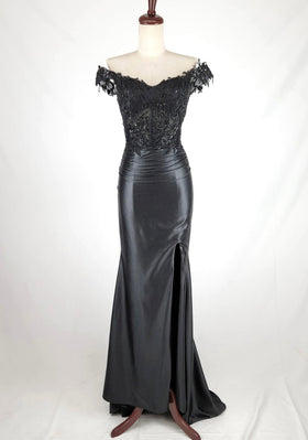 Chicas J054 Elegant Evening Black Floor-Length High-Slit Beaded Satin Dress