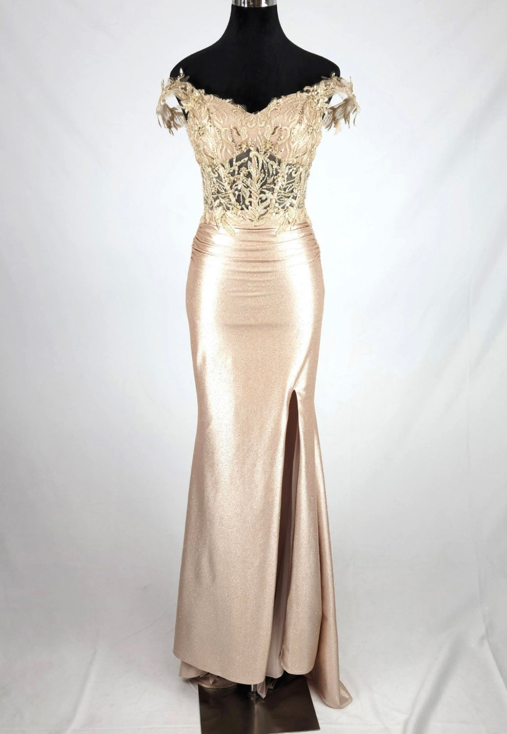 Chicas J054 Elegant Evening Black Floor-Length High-Slit Beaded Satin Dress