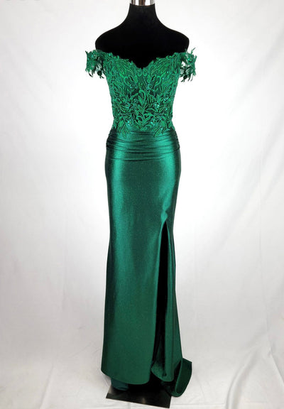 Chicas J054 Elegant Evening Black Floor-Length High-Slit Beaded Satin Dress