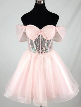 Chicas C363 Cocktail Pink Sweetheart Short Corset Beaded Organza Dress